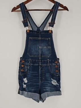 No Boundaries Dark Blue Denim Short Overalls with Distressed Detail